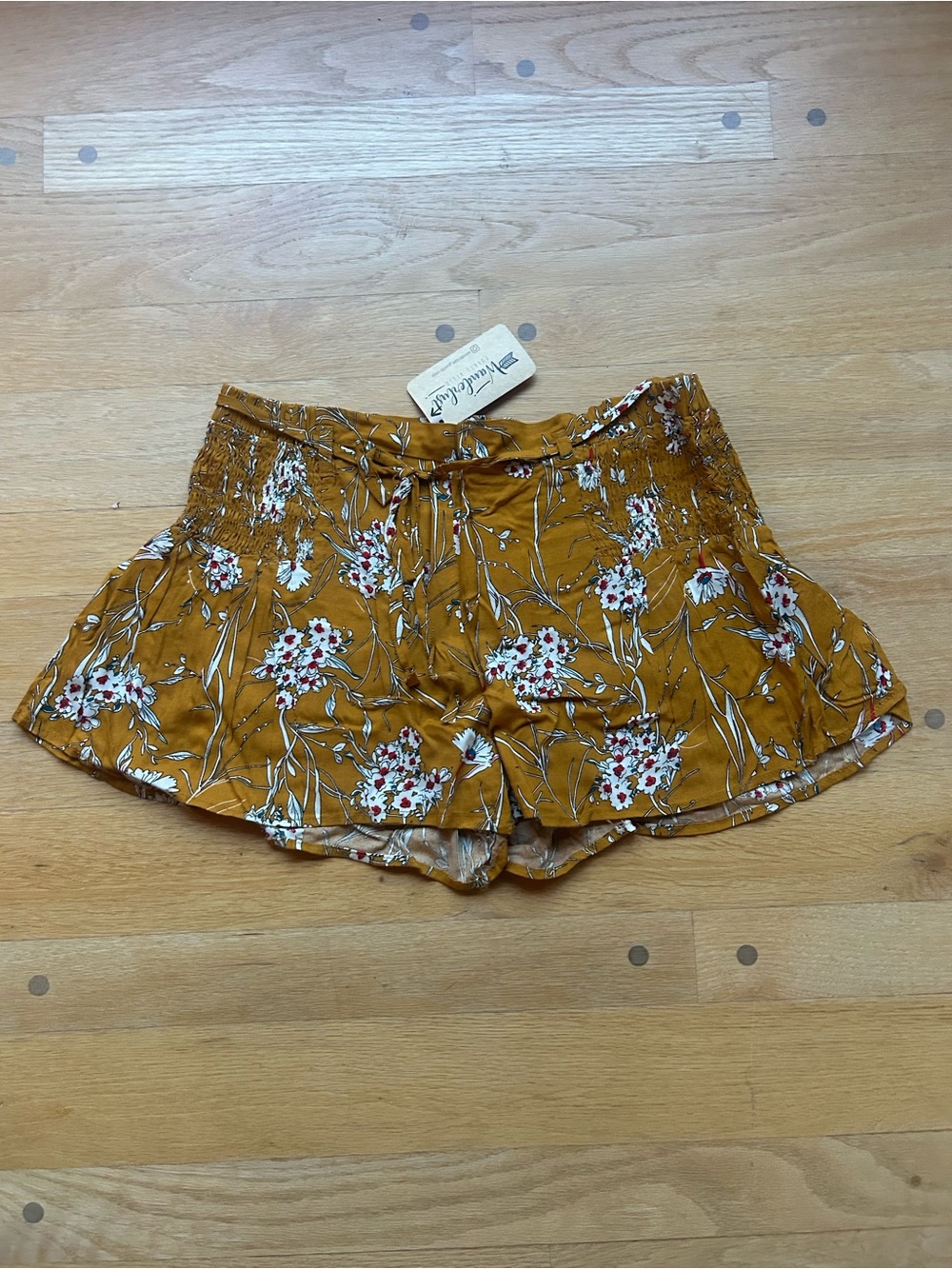 Wanderlust Mustard Floral High-Waist Smocked Shorts with Drawstring